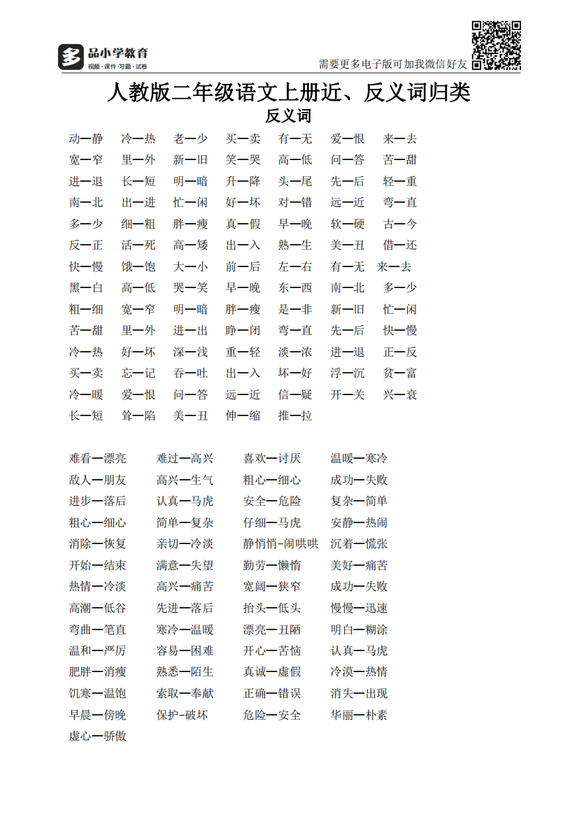 【小学精品】人教版二级语文上册近、反义词归类