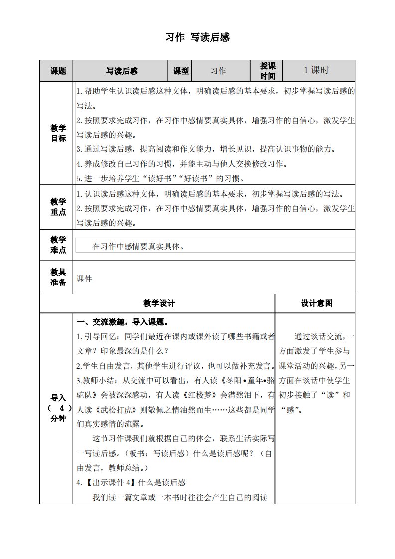 人教部编版语文五年级下册第二单元习作《写读后感》教学设计