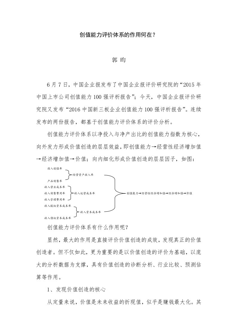 创值能力评价体系的作用