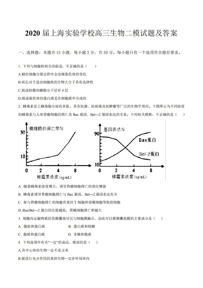 2024届上海实验学校高三生物二模试题及答案