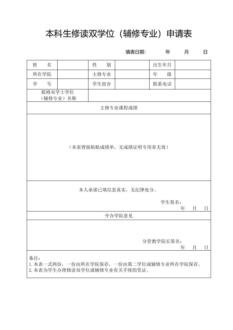 本科生修读双学位(辅修专业)申请表