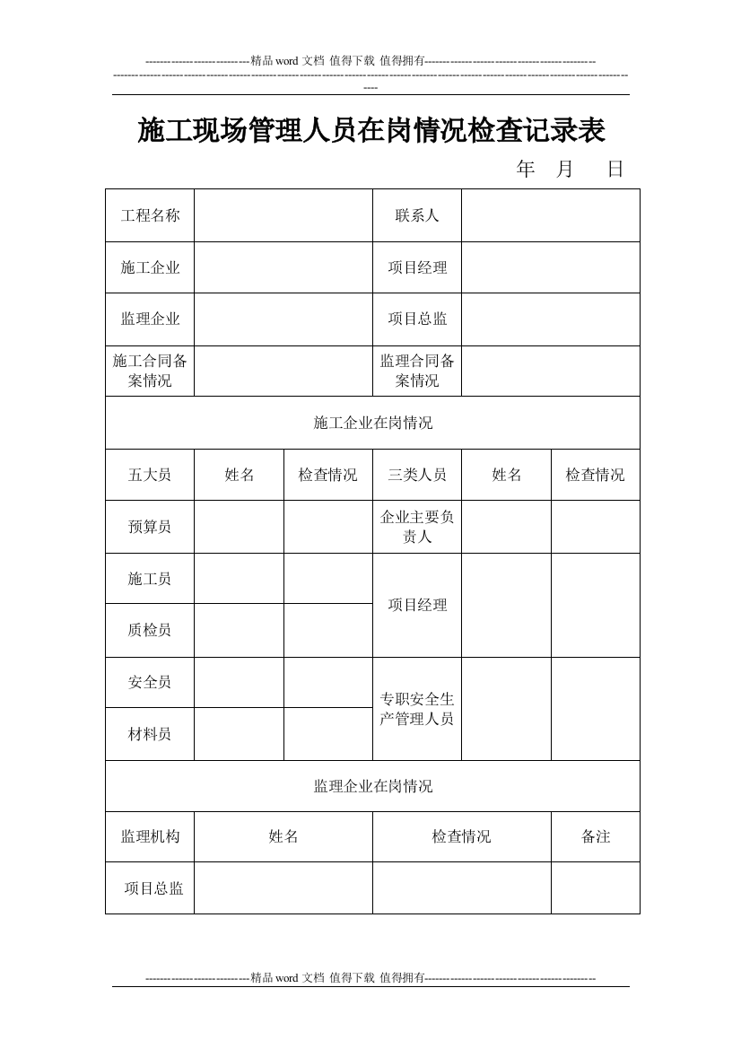 施工现场管理人员在岗情况检查记录表