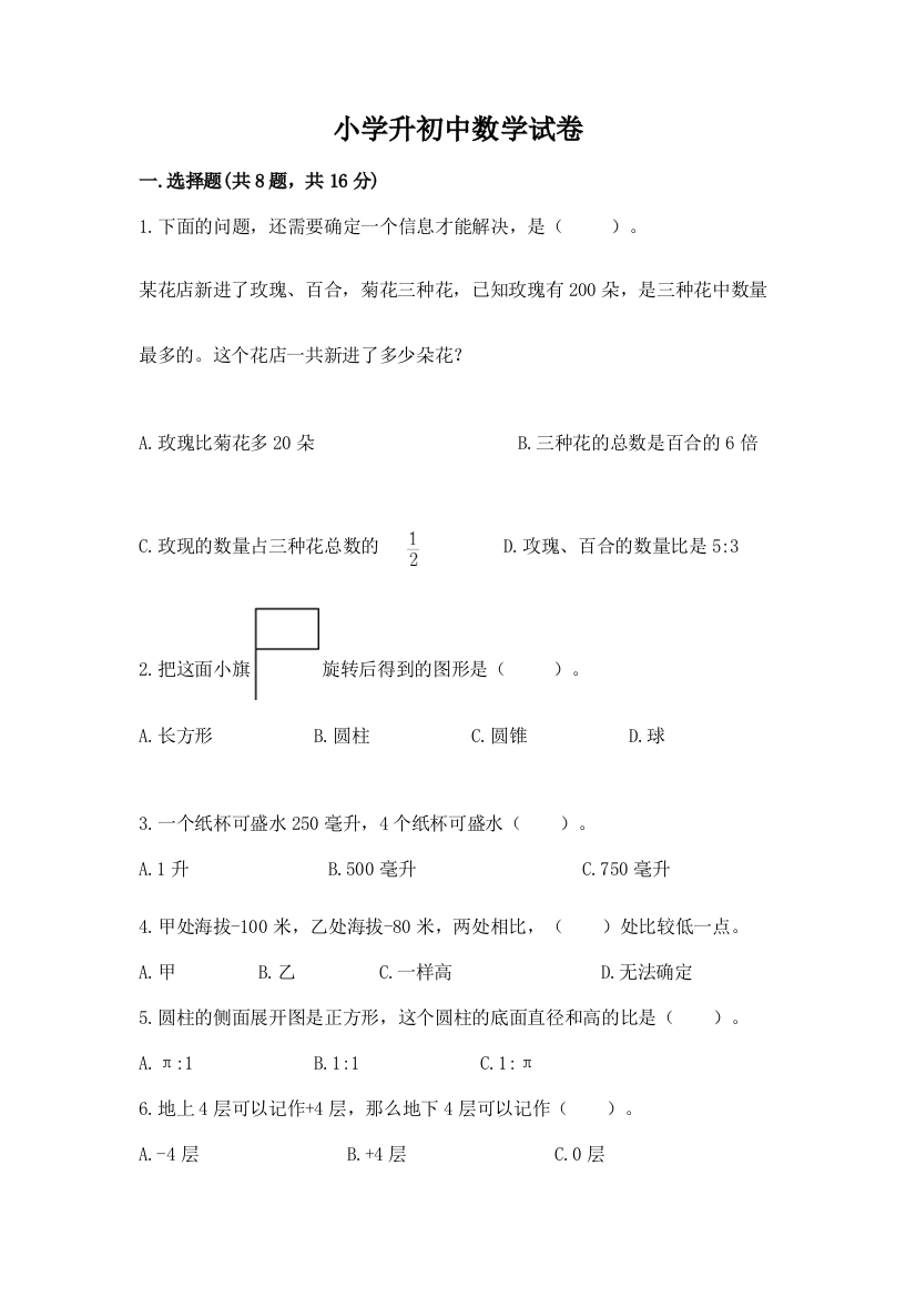 小学升初中数学试卷【黄金题型】