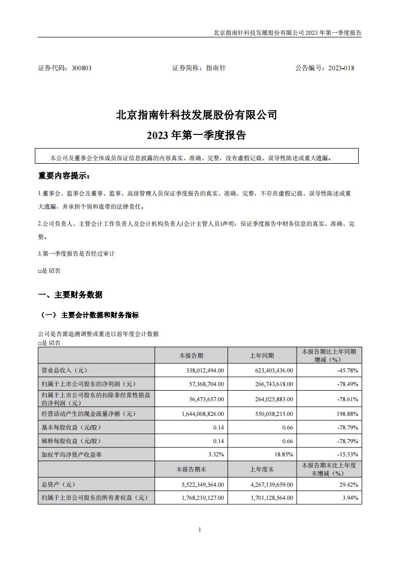 深交所-指南针：2023年一季度报告-20230425