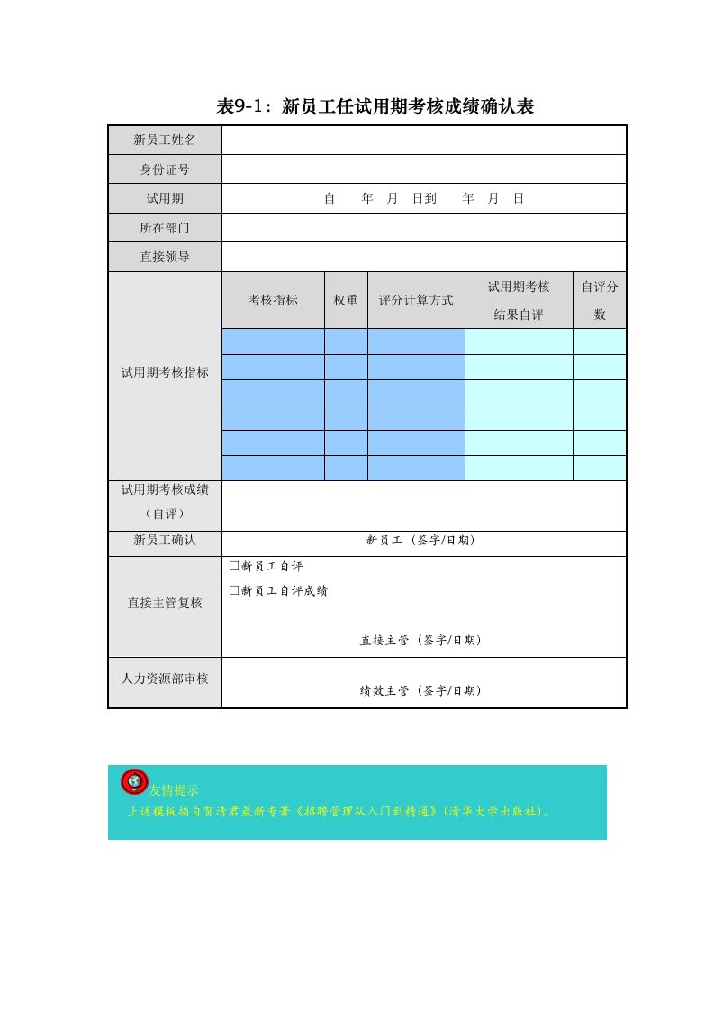 新员工任试用期考核成绩确认表