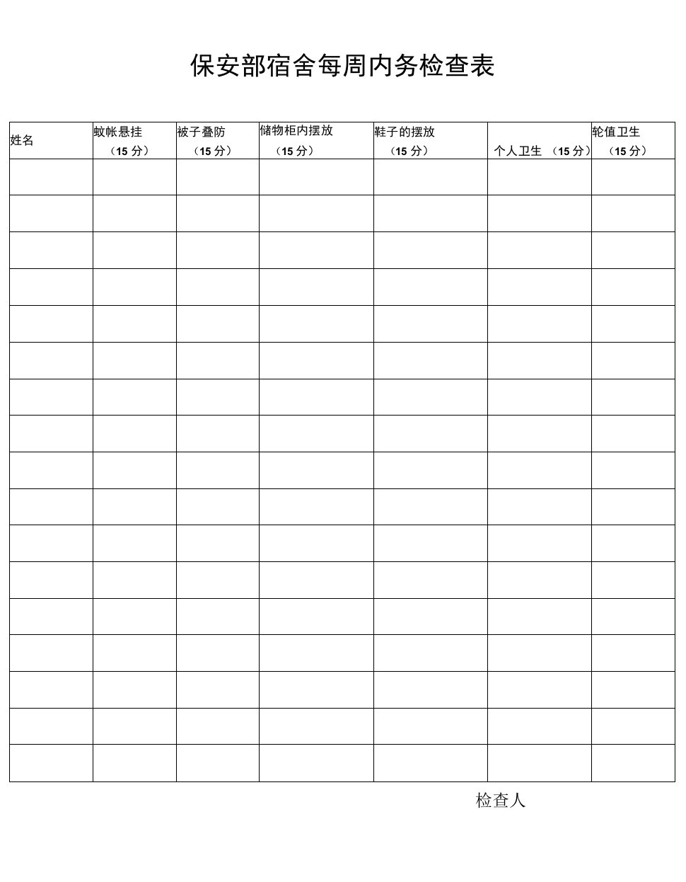 保安部宿舍每周内务检查表