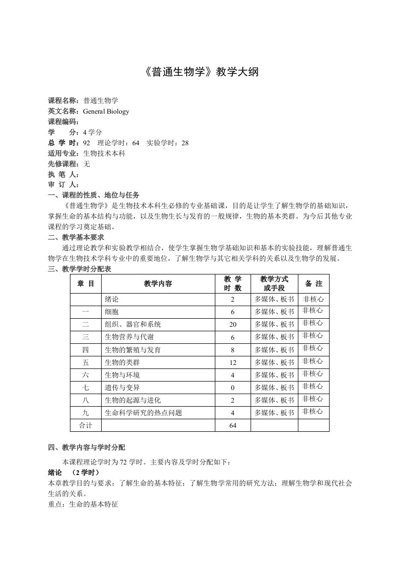 普通生物学课程大纲(本科)魏道智版