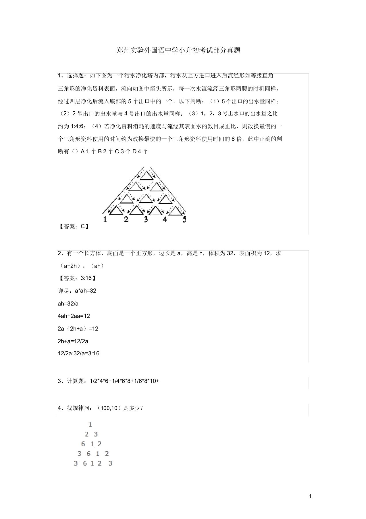 郑州实验外国语中学小升初考试部分真题