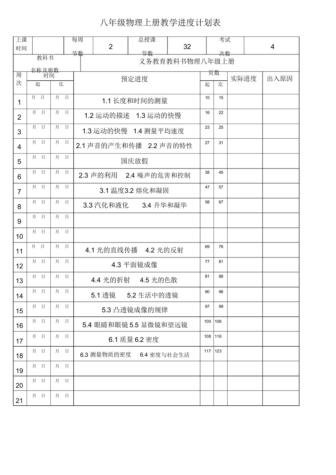 初中物理教学进度表可编辑修改版