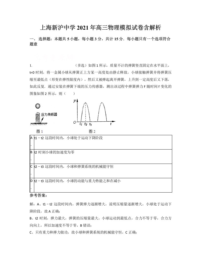 上海新沪中学2021年高三物理模拟试卷含解析