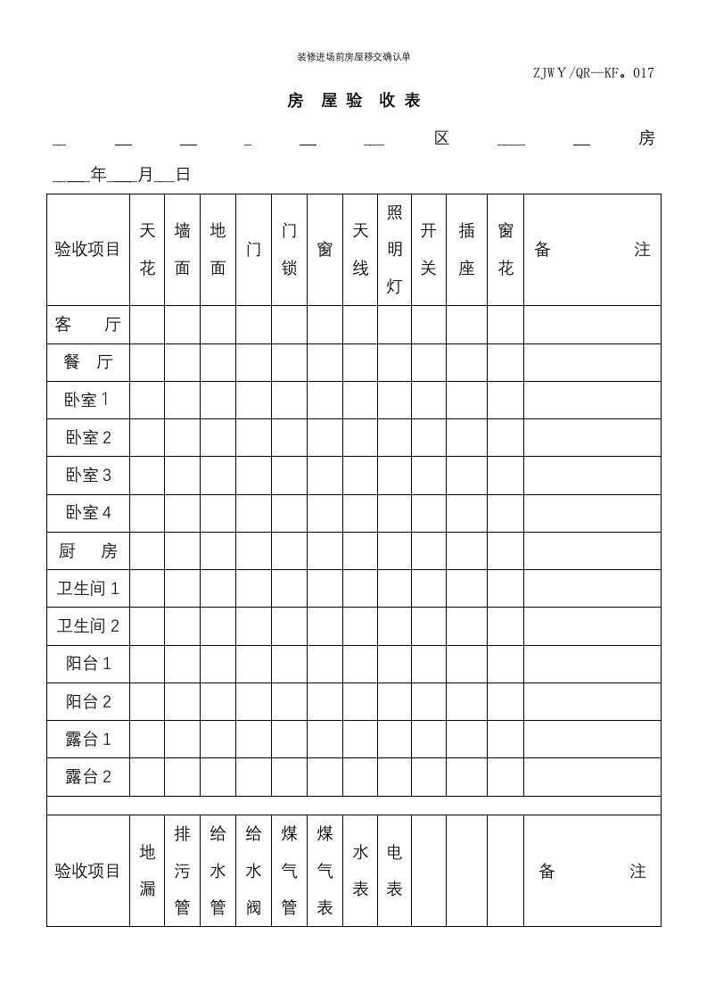 装修进场前房屋移交确认单