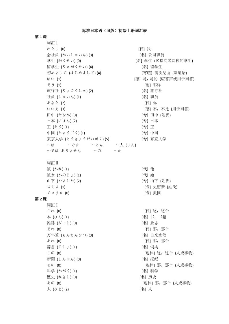 标准日本语(旧版)初级上册词汇