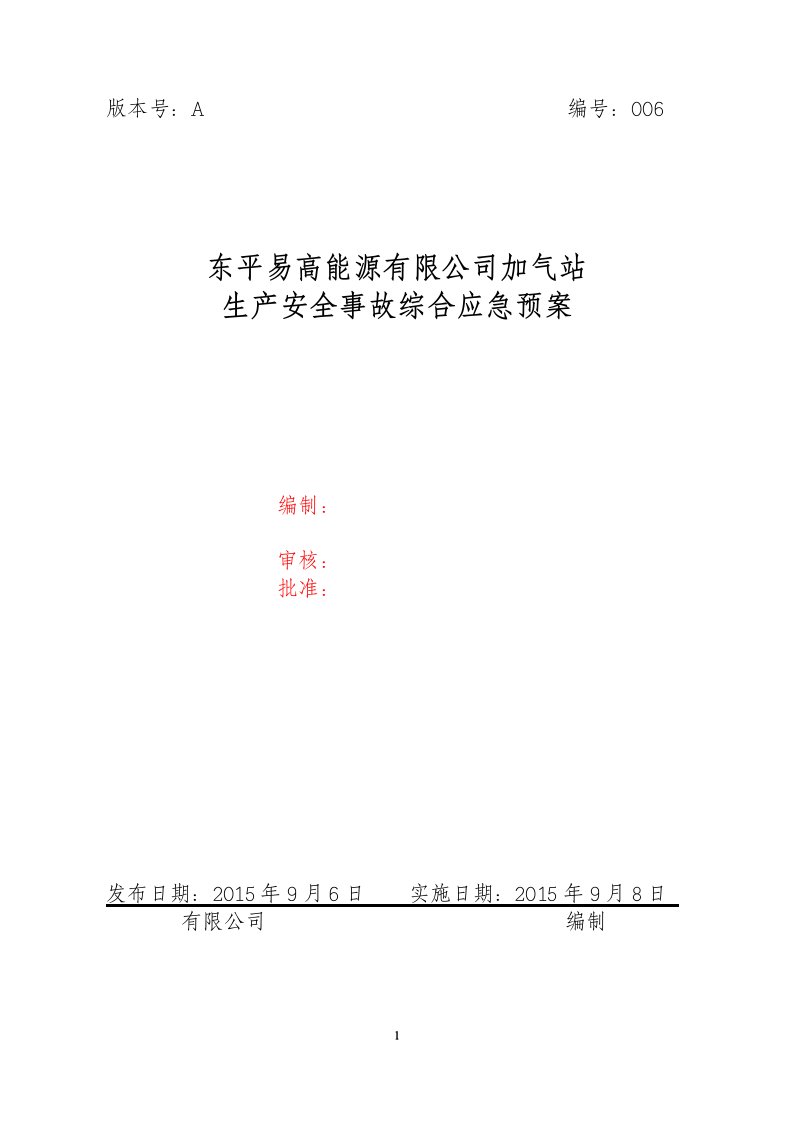 东平易高能源有限公司CNG加气站生产安全事故综合应急预案