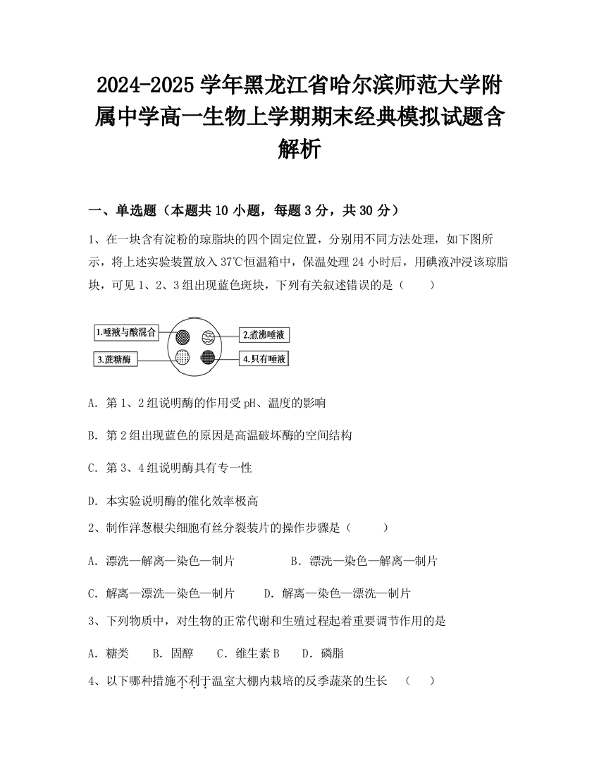 2024-2025学年黑龙江省哈尔滨师范大学附属中学高一生物上学期期末经典模拟试题含解析