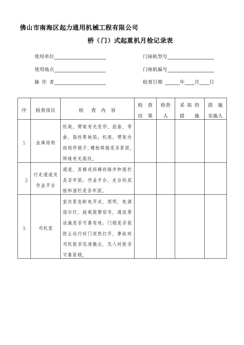 门座起重机月检记录表