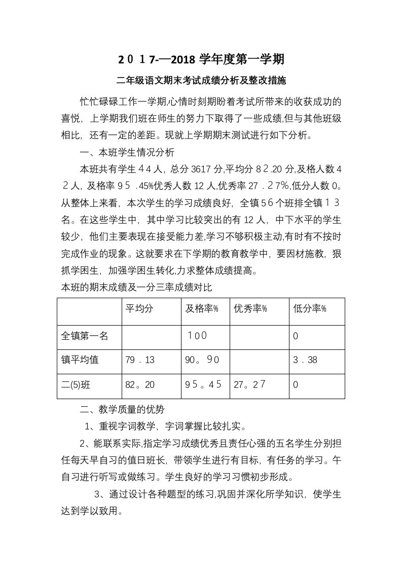 二年级上册语文期末考试成绩分析和改进措施