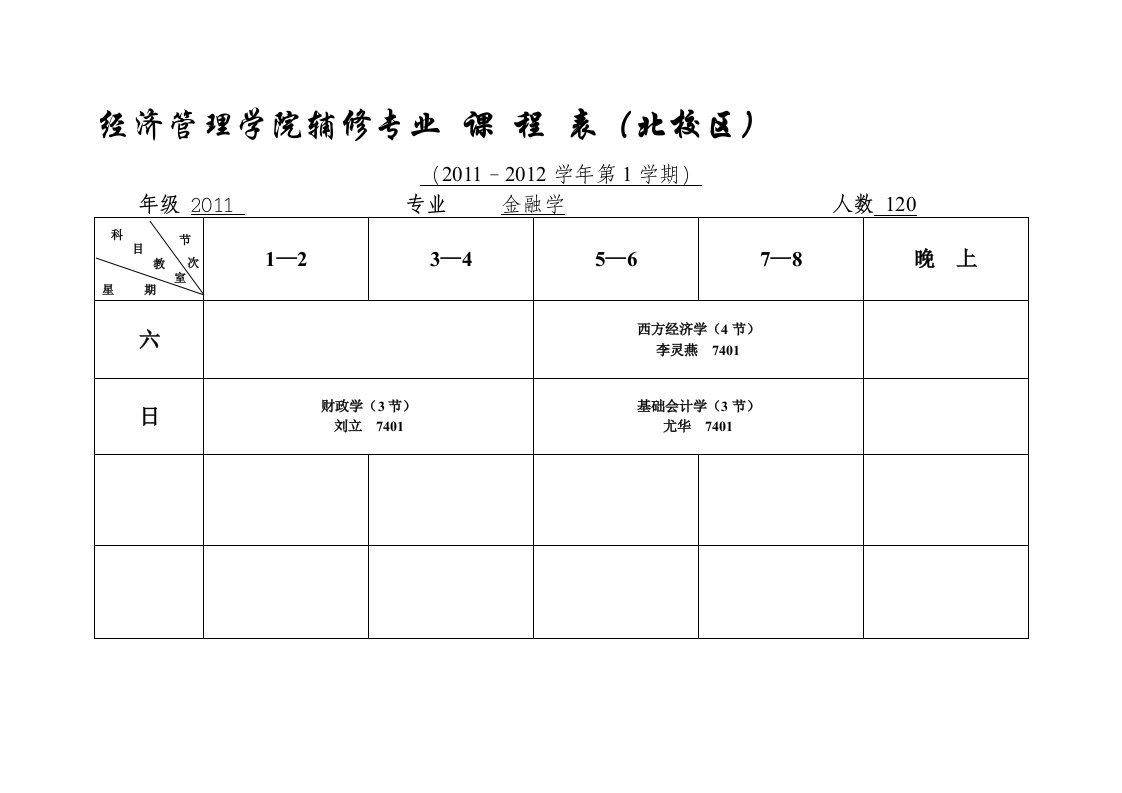 西北大学经济管理学院辅修专业课程表