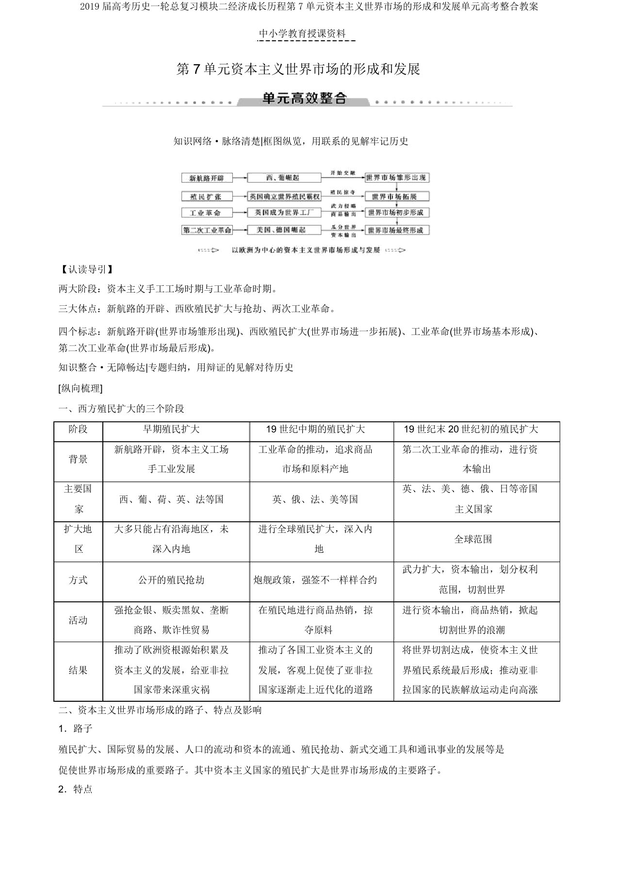 2019届高考历史一轮总复习模块二经济成长历程第7单元资本主义世界市场的形成和发展单元高考整合学案