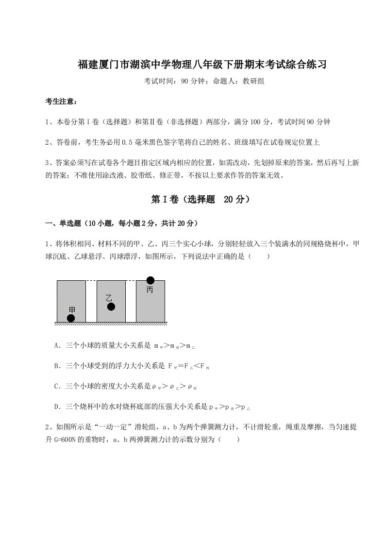 基础强化福建厦门市湖滨中学物理八年级下册期末考试综合练习试卷（详解版）