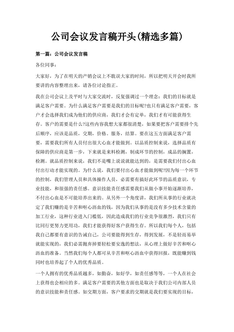 公司会议发言稿开头精选多篇