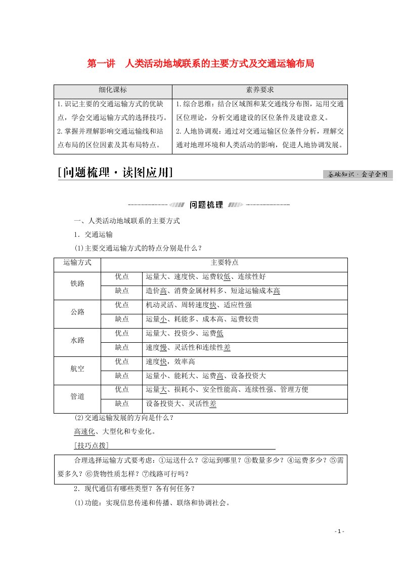 江苏专用2022版高考地理一轮复习第2部分人文地理第8单元第1讲人类活动地域联系的主要方式及交通运输布局学案20210515126