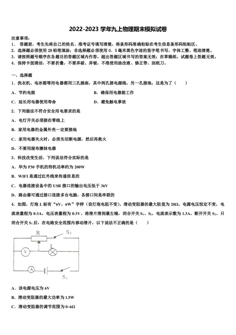 2022-2023学年湖南常德芷兰实验学校物理九年级第一学期期末考试试题含解析