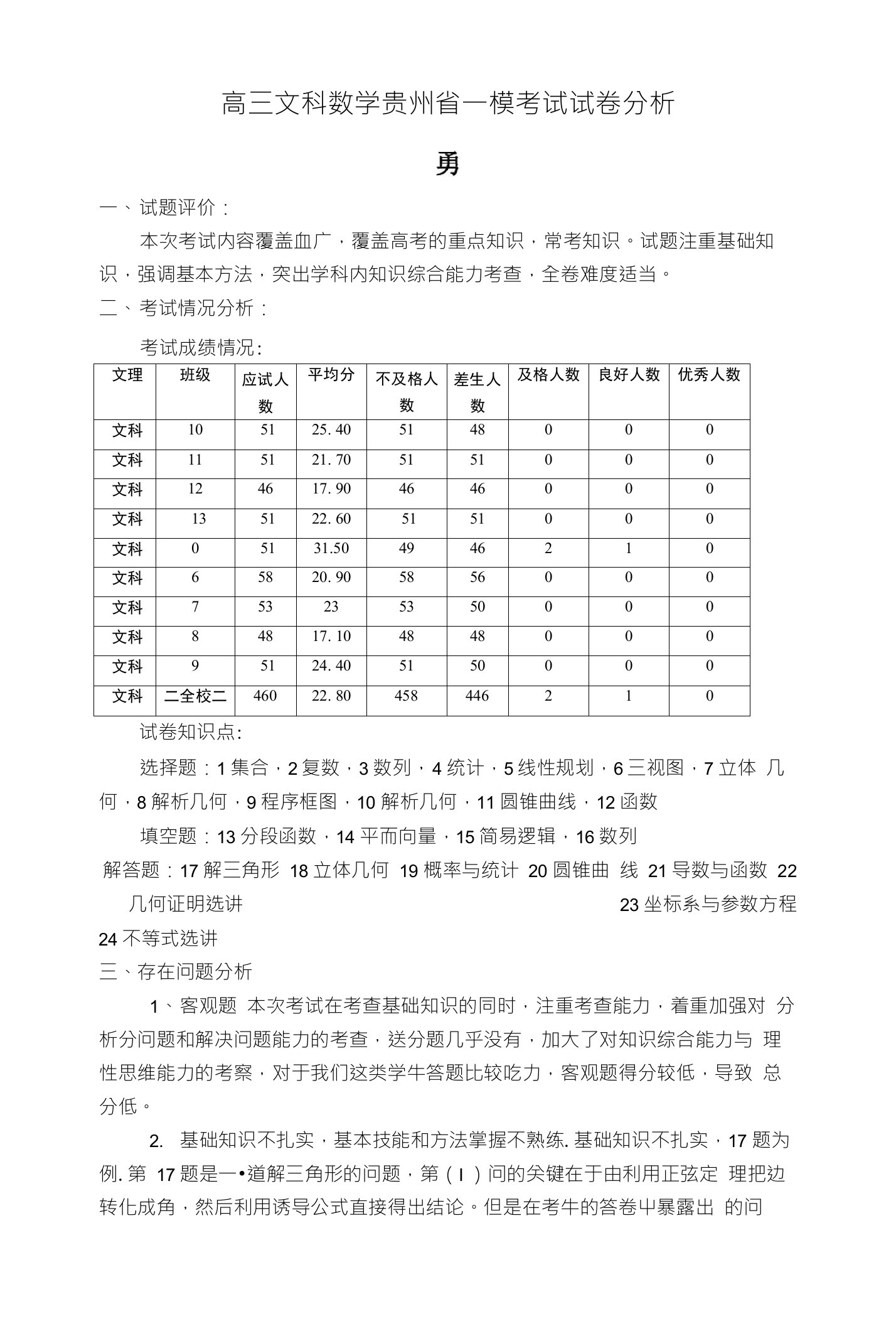 高三文科数学贵州省一模考试试卷分析