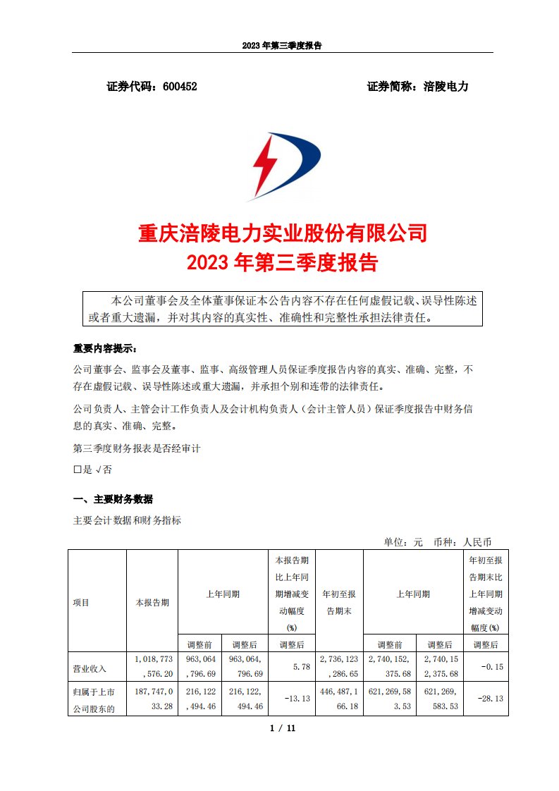 上交所-涪陵电力2023年第三季度报告-20231026