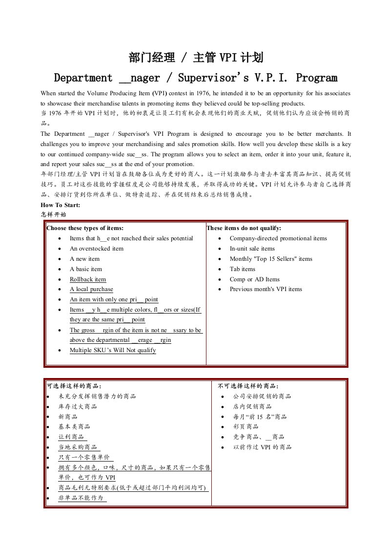 部门经理主管VPI计划