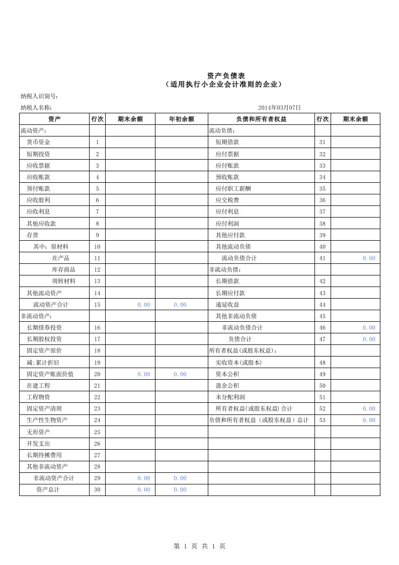 小企业会计准则财务报表模板