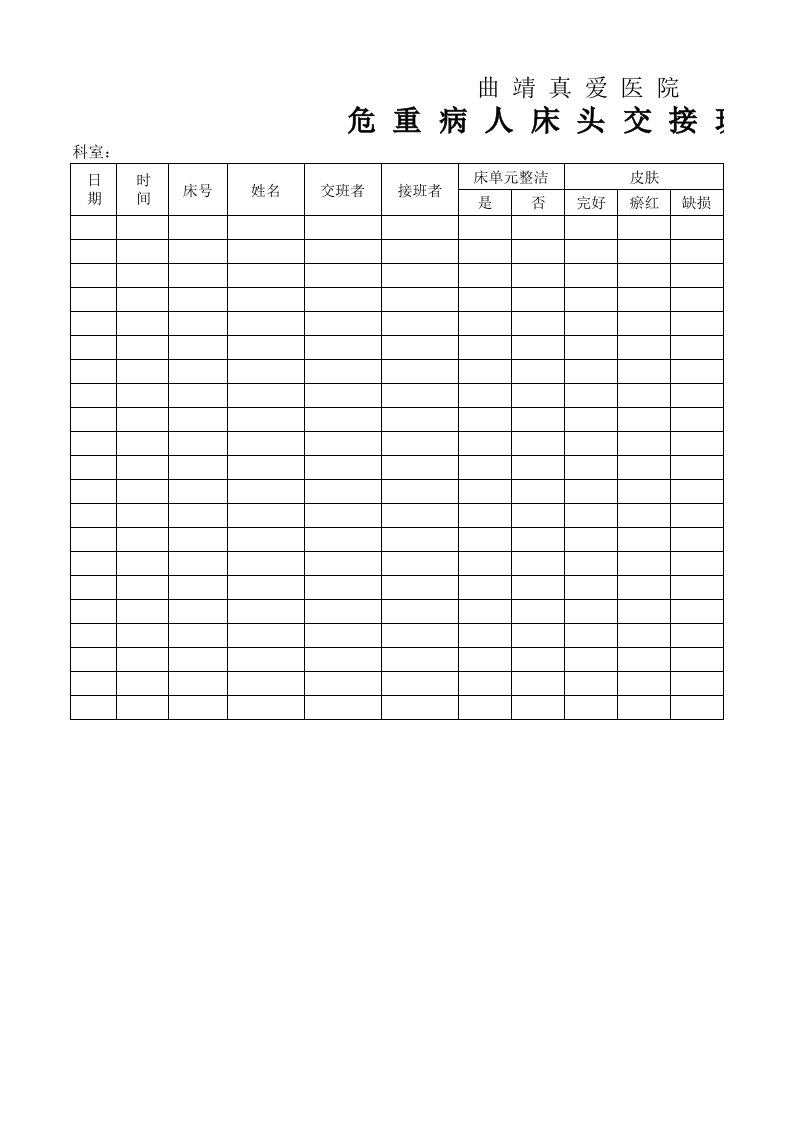 危重病人床头交接班记录