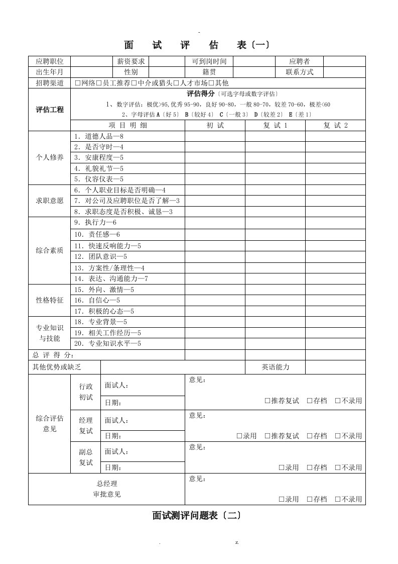 hr面试表格模板5种