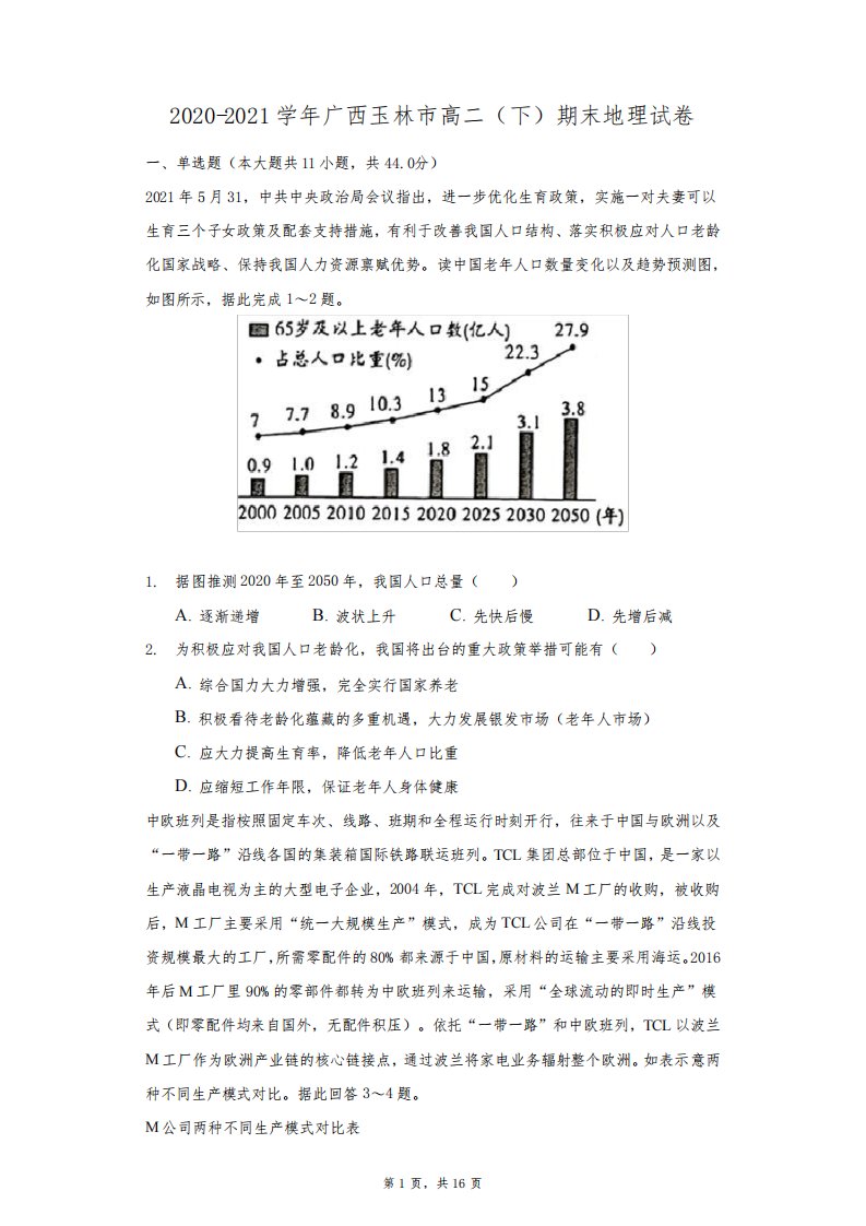 2020-2021学年广西玉林市高二(下)期末地理试卷(附答案详解)