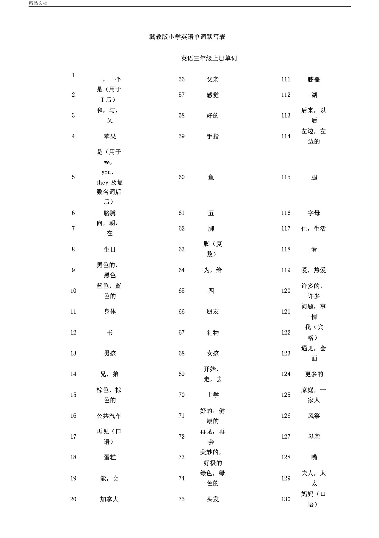 冀教版本小学英语单词默写标准表格