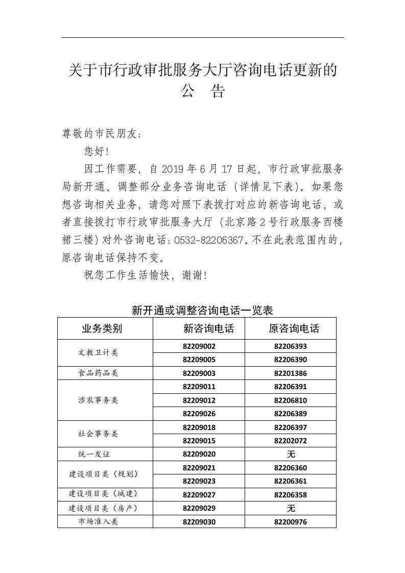 关于市行政审批服务大厅咨询电话更新的公