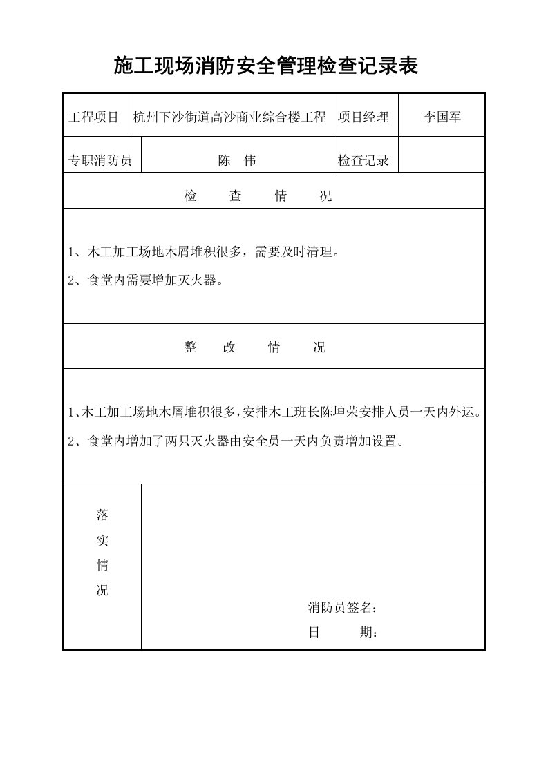 施工现场消防安全管理检查记录表