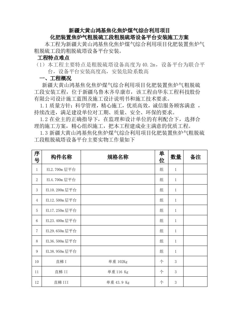 新疆大黄山鸿基焦化焦炉煤气综合利用项目粗脱硫塔平台安装施工方案