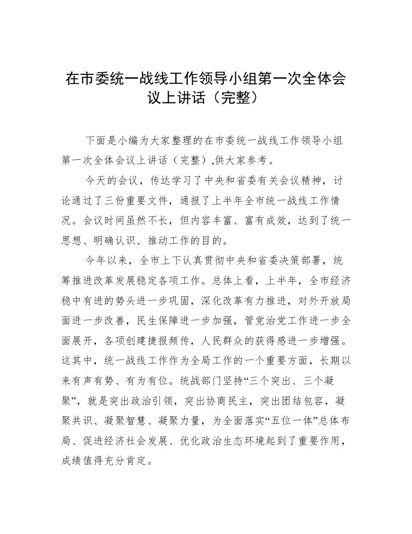 在市委统一战线工作领导小组第一次全体会议上讲话（完整）