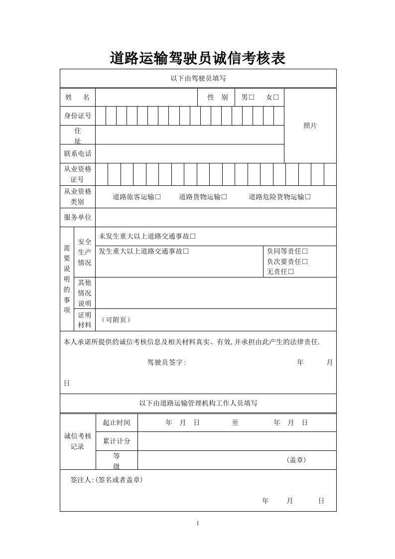 道路运输驾驶员诚信考核表