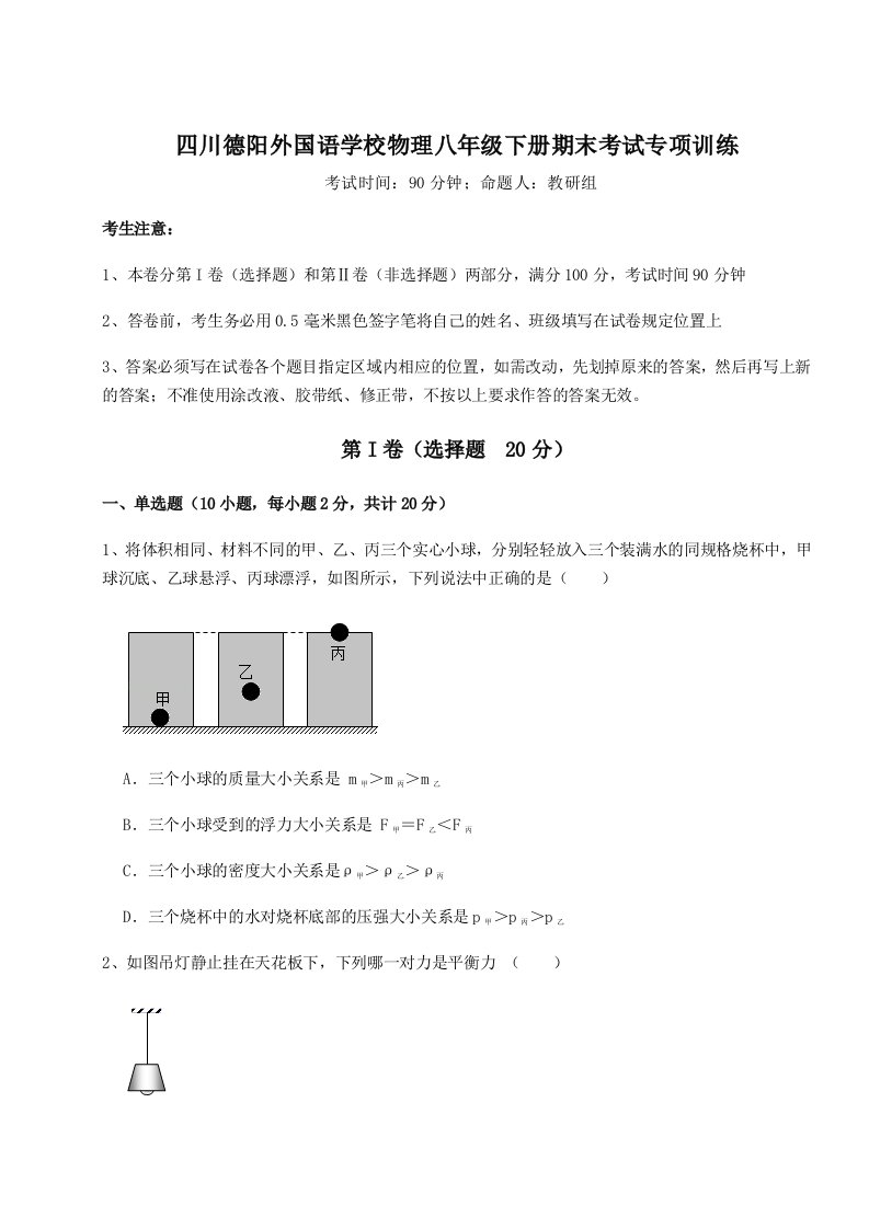 专题对点练习四川德阳外国语学校物理八年级下册期末考试专项训练试题（含答案及解析）