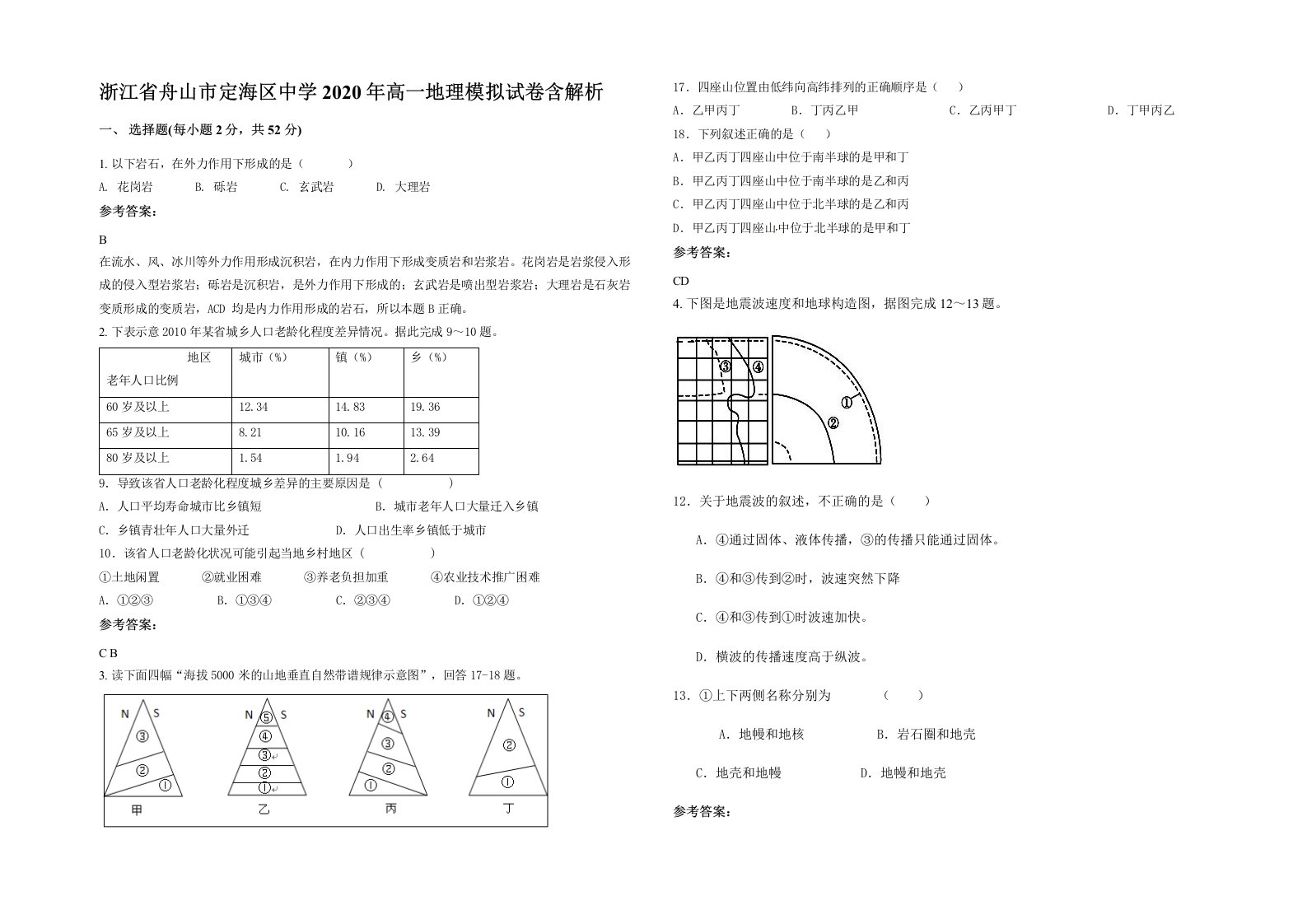 浙江省舟山市定海区中学2020年高一地理模拟试卷含解析