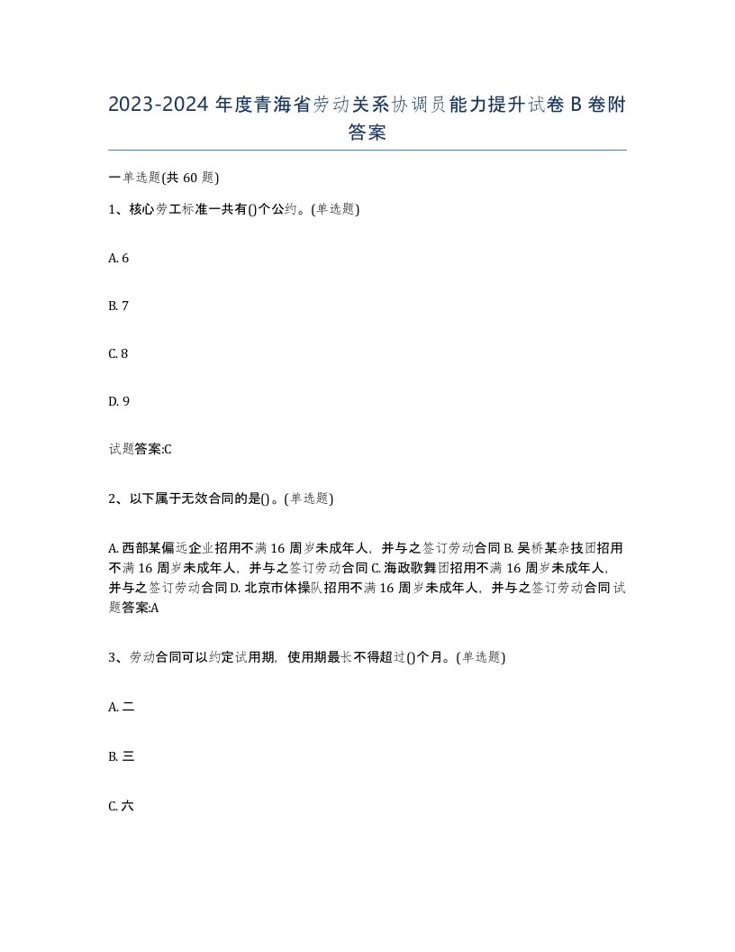 2023-2024年度青海省劳动关系协调员能力提升试卷B卷附答案