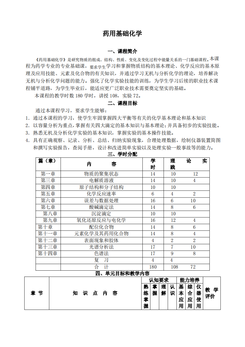 《药用基础化学》教学大纲