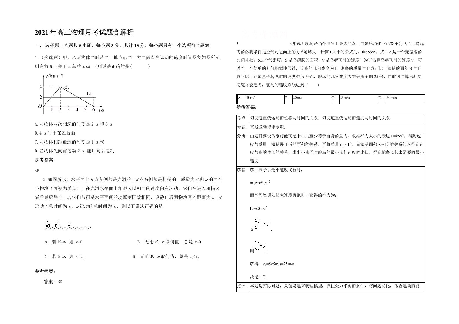 2021年高三物理月考试题含解析