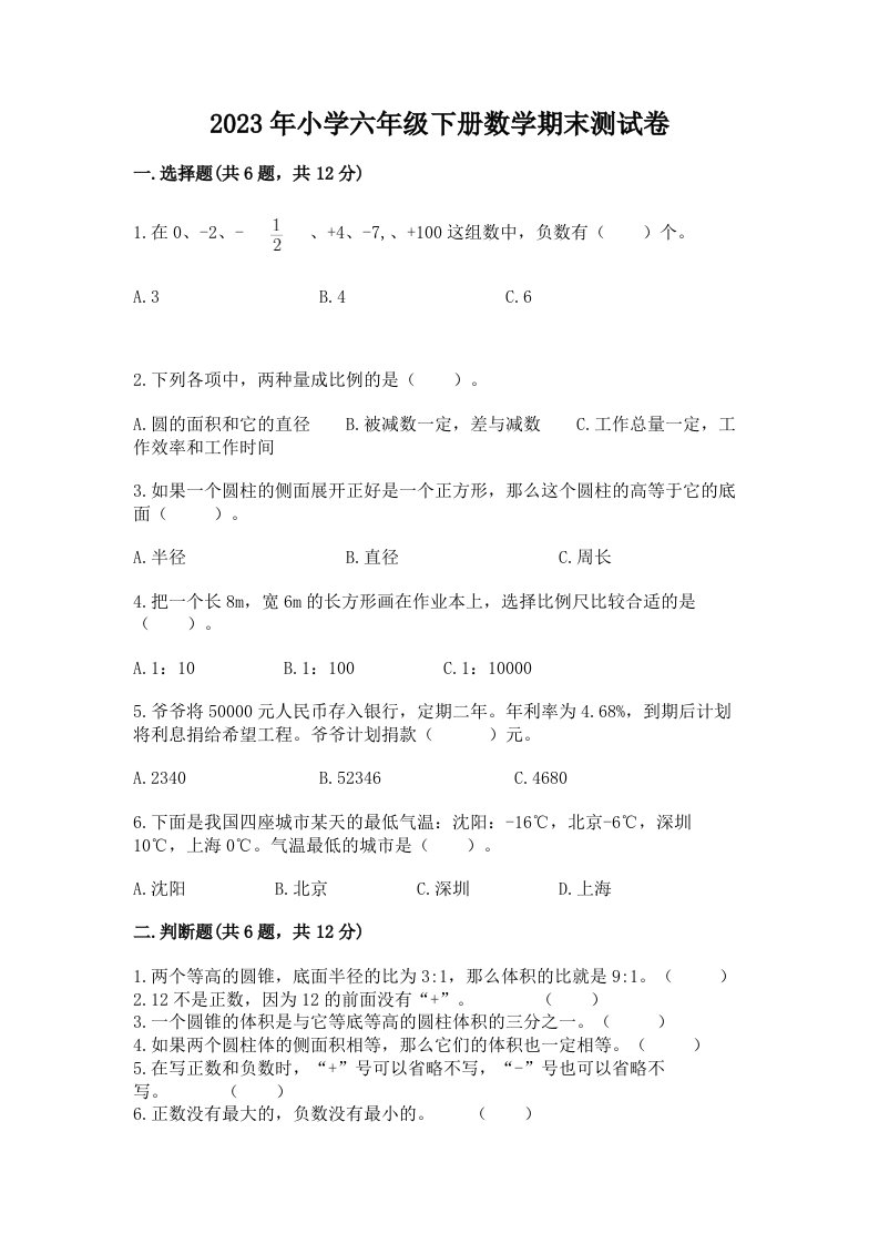 2023年小学六年级下册数学期末测试卷（名师系列）word版