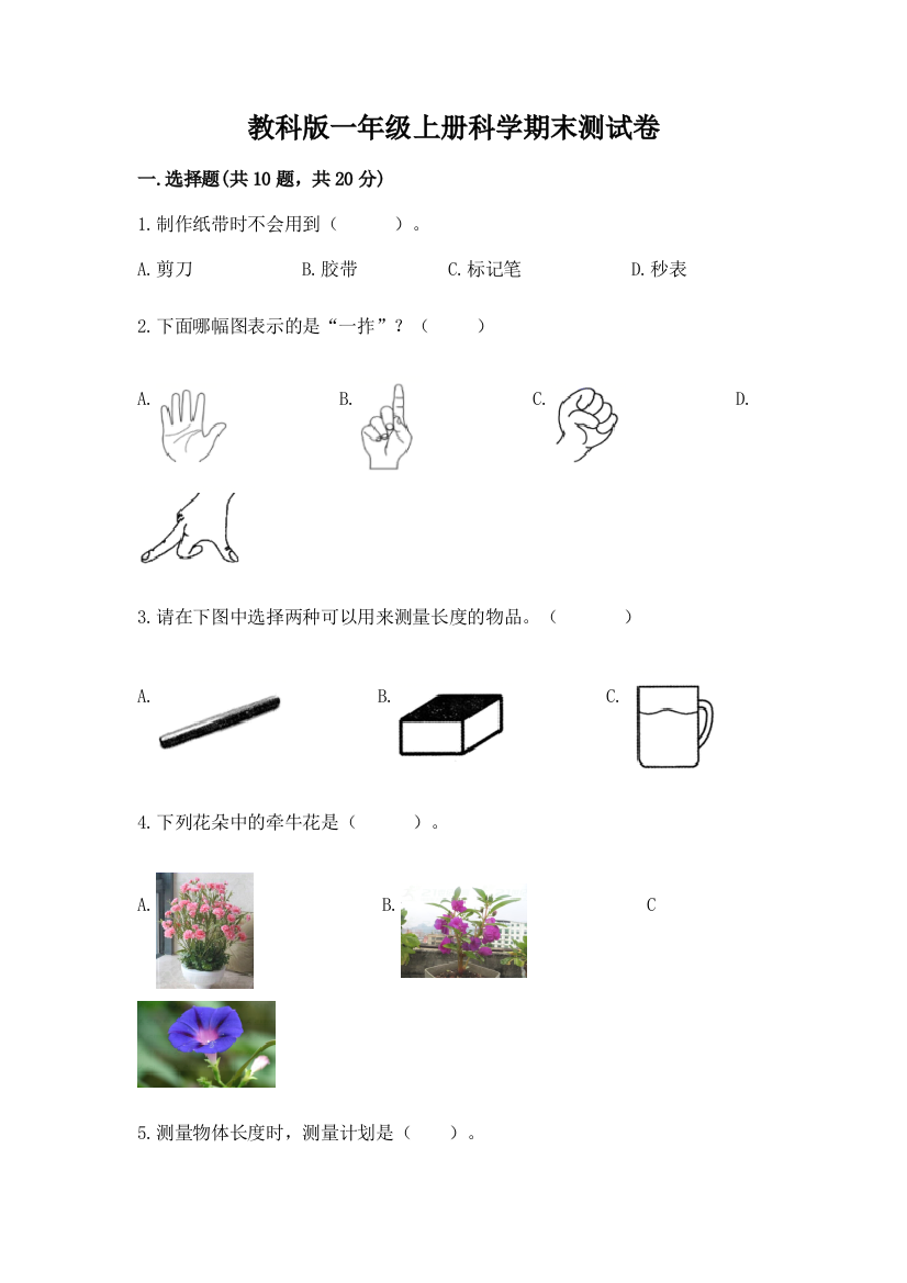 教科版一年级上册科学期末测试卷（黄金题型）