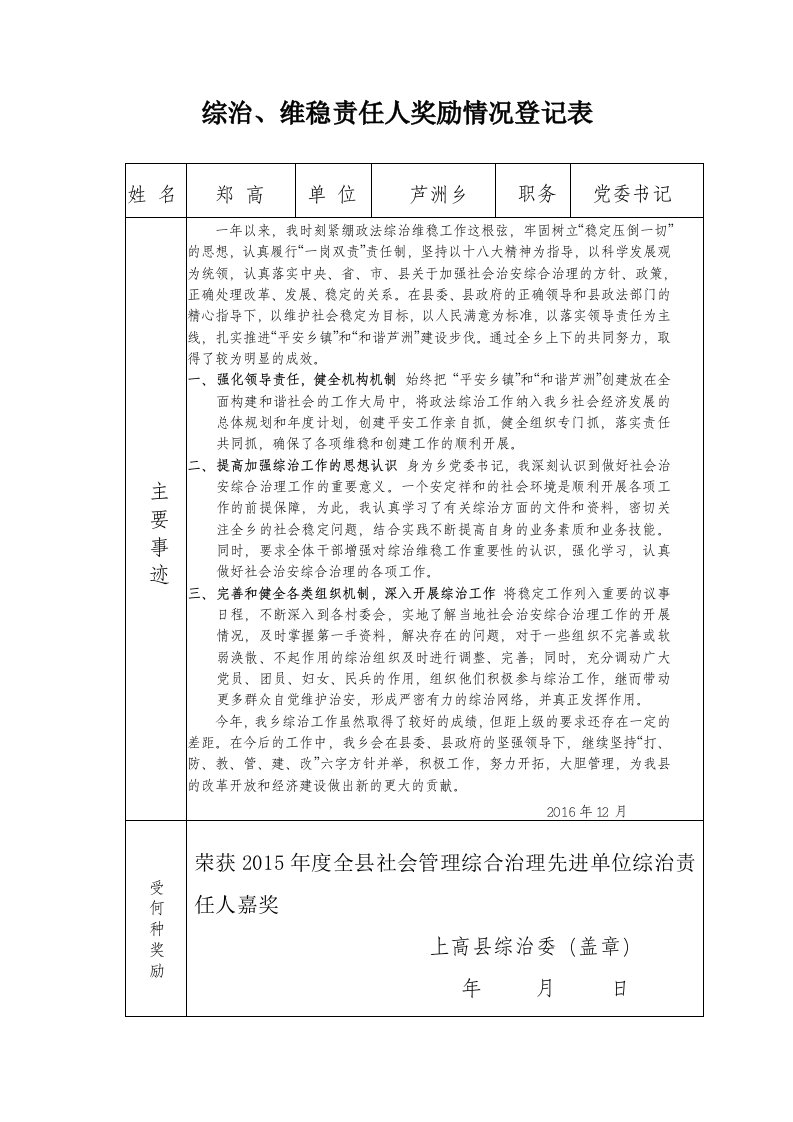 2016年综治、维稳责任人奖励情况登记表