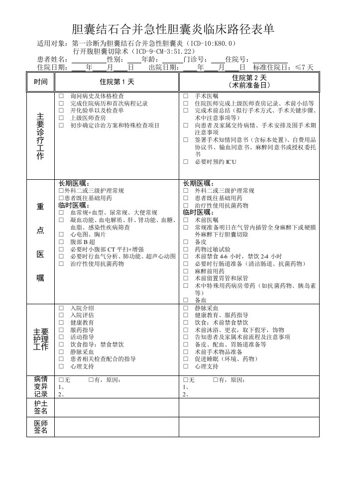 胆囊结石合并急性胆囊炎临床路径表单