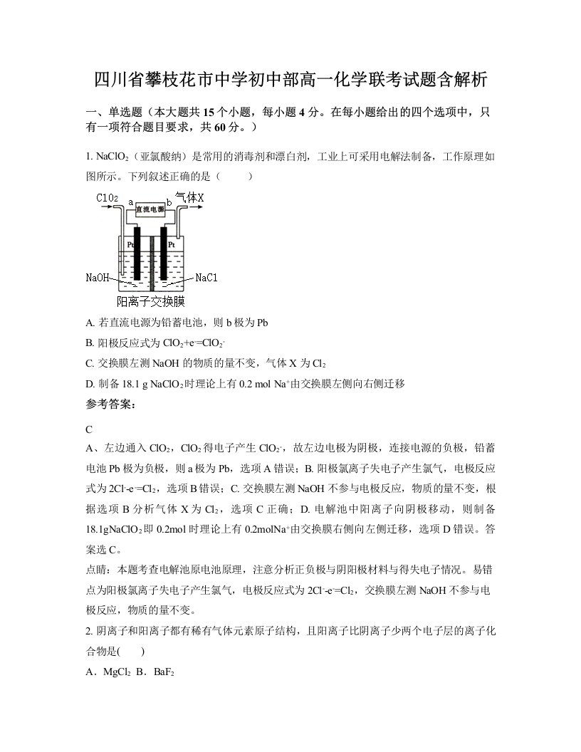 四川省攀枝花市中学初中部高一化学联考试题含解析