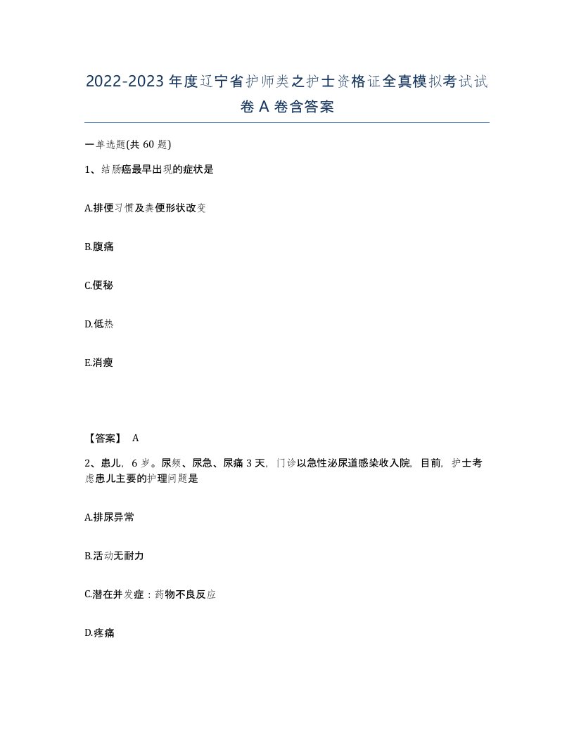 2022-2023年度辽宁省护师类之护士资格证全真模拟考试试卷A卷含答案